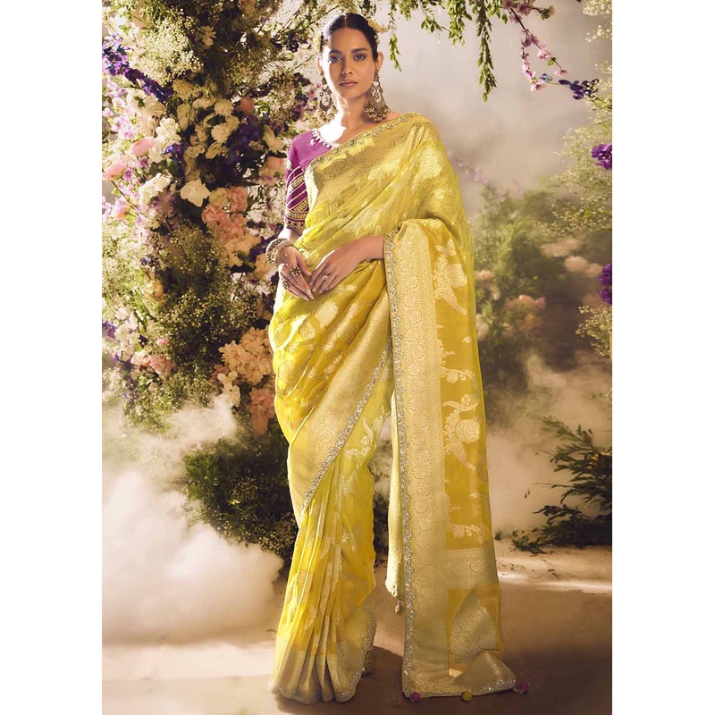 Banarasi Silk Zari Tissue Yellow Festive Wear Saree