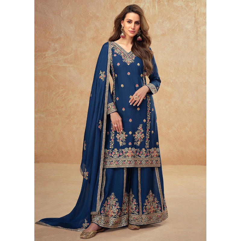 Beautific Blue Premium Chinnon Silk Wedding Palazzo Suit