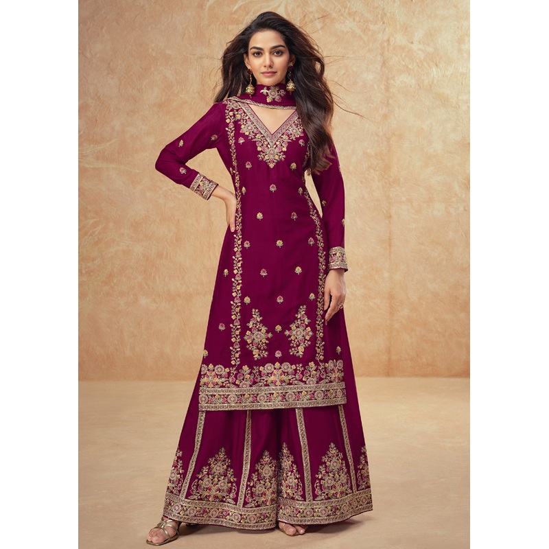 Beautific Purple Premium Chinnon Silk Wedding Palazzo Suit