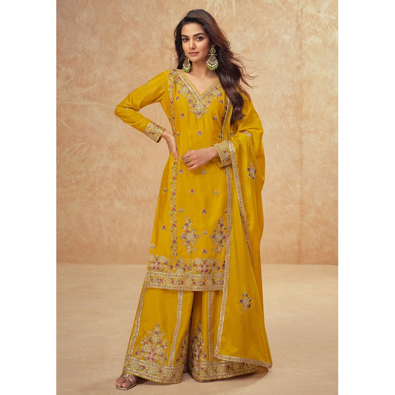 Beautific Yellow Premium Chinnon Silk Wedding Palazzo Suit
