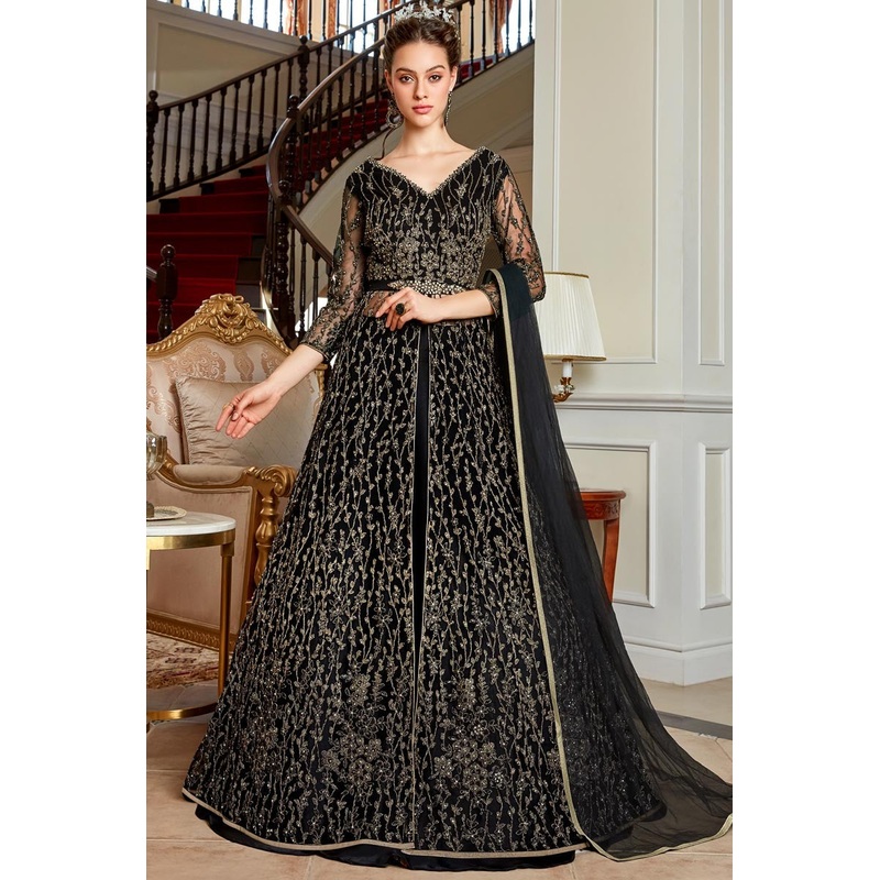 Black Color Net Abaya Style Embroidered Anarkali Suit