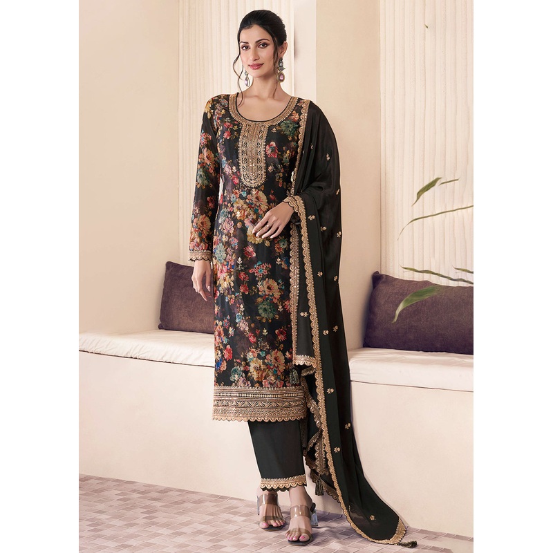 Black Digital Printed Chinnon Pakistani Style Suit
