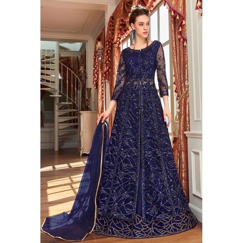 Blue Color Embroidered Lehenga & Pant Style Anarkali Suit