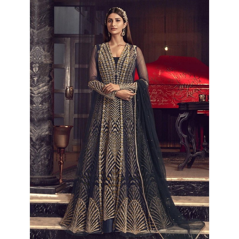 Blue Embroidered Jacket Style Anarkali Suit