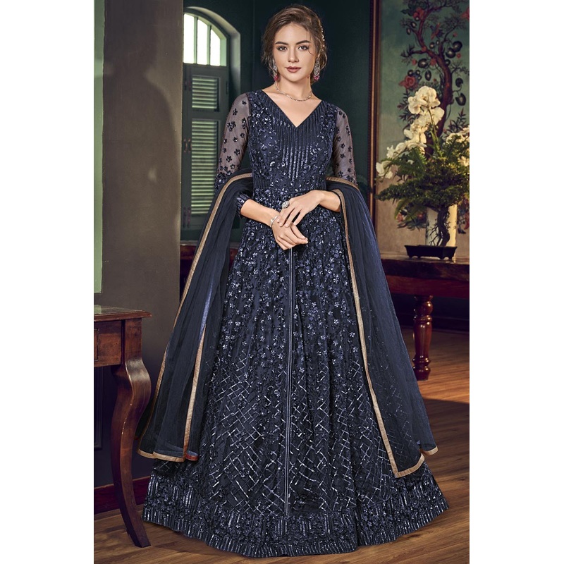 Blue Fancy Long Length Embroidered Anakarli Suit