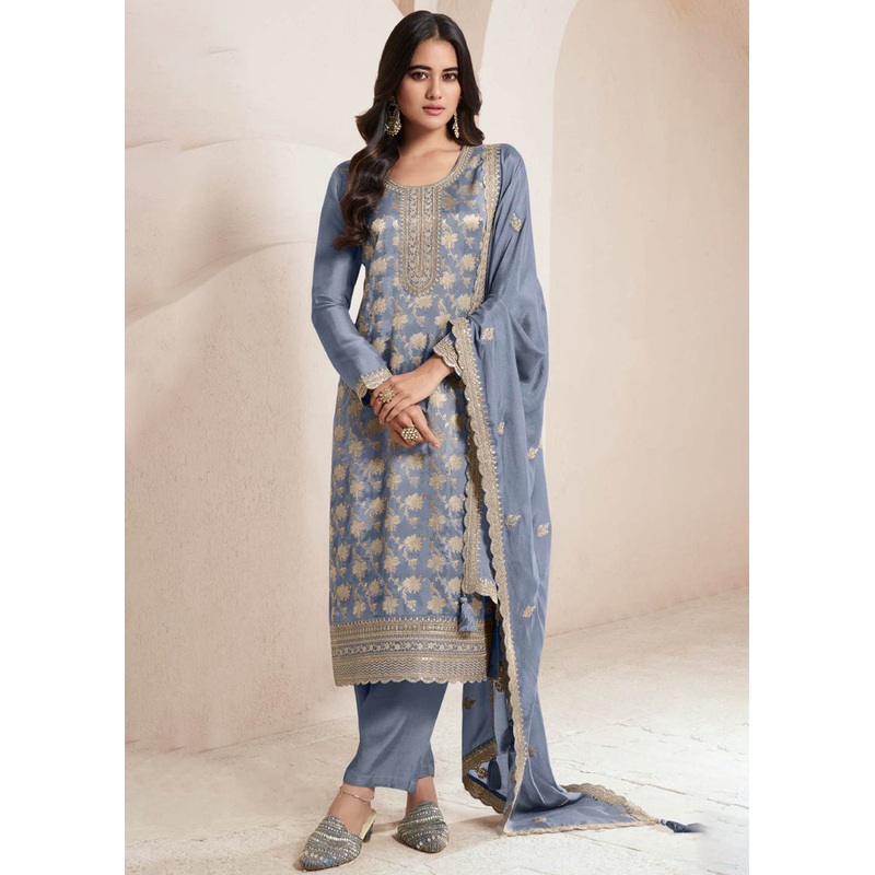 Bluish Grey Silk Jacquard Embroidered Festive Salwar Suit