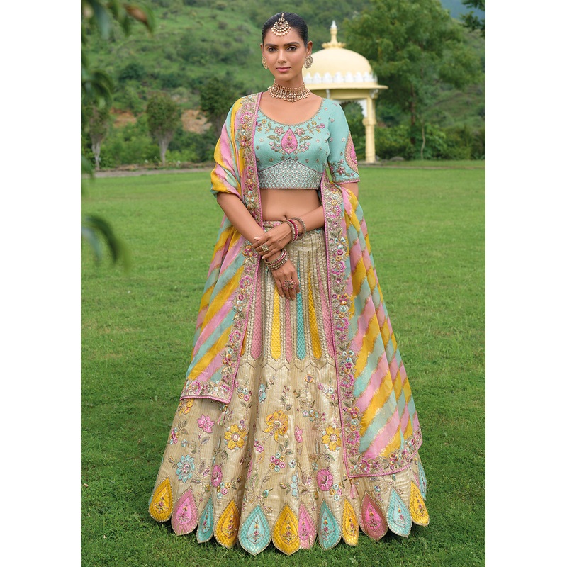 Bridal Beige Blue Heavy Embroidered Designer Lehenga Choli