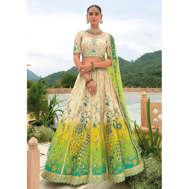 Bridal Beige Green Heavy Embroidered Designer Lehenga Choli