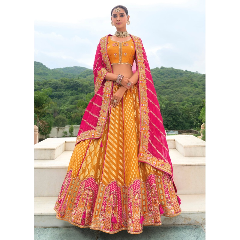 Bridal Orange Pink Heavy Embroidered Designer Lehenga Choli