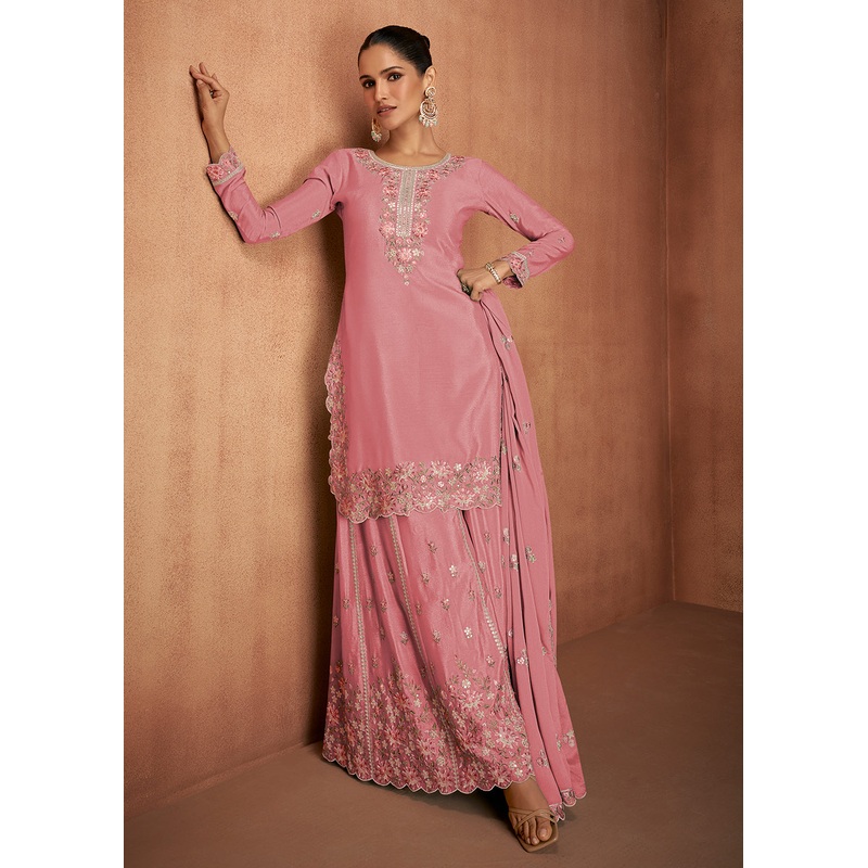 Coral Pink Chinnon Silk Festive Style Palazzo Suit