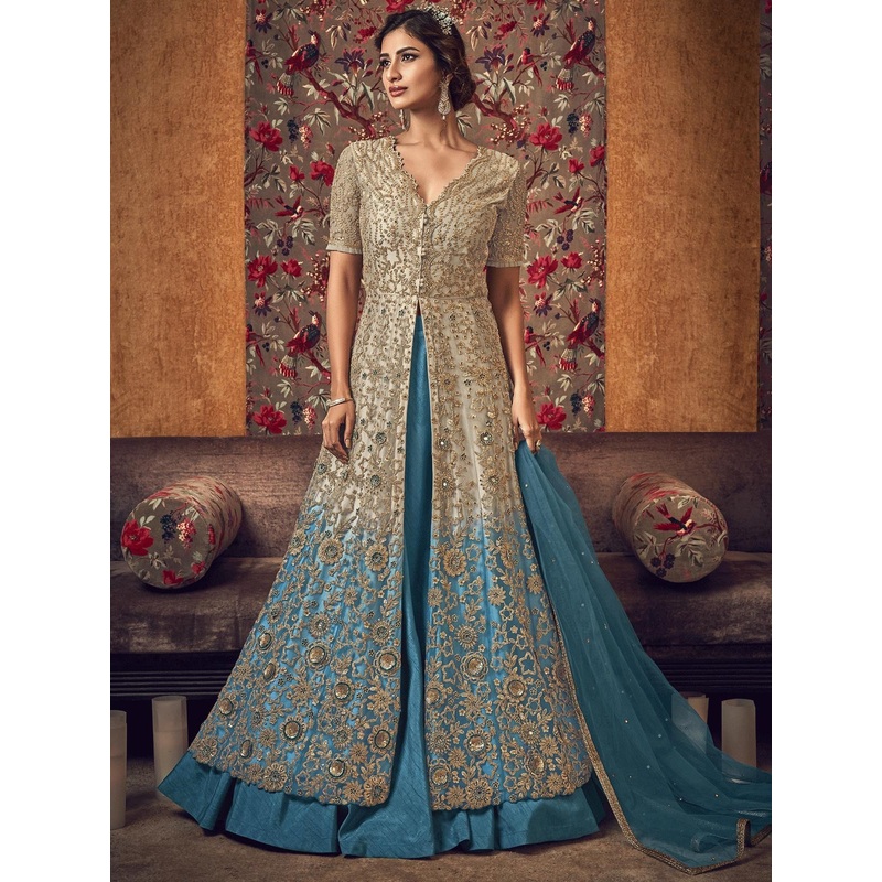 Cream Embroidered High Slit Anarkali Suit