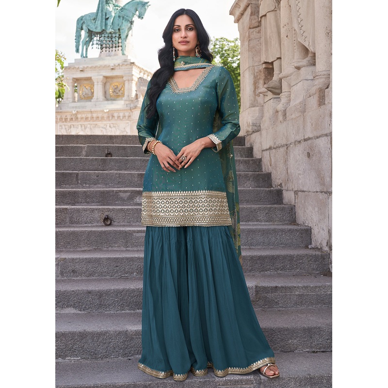 Deep Teal Festive Style Chinnon Gharara Style Suit
