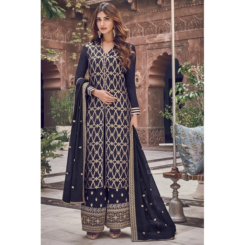 Ebony Clay Jacquard Embroidered Palazzo Style Suit