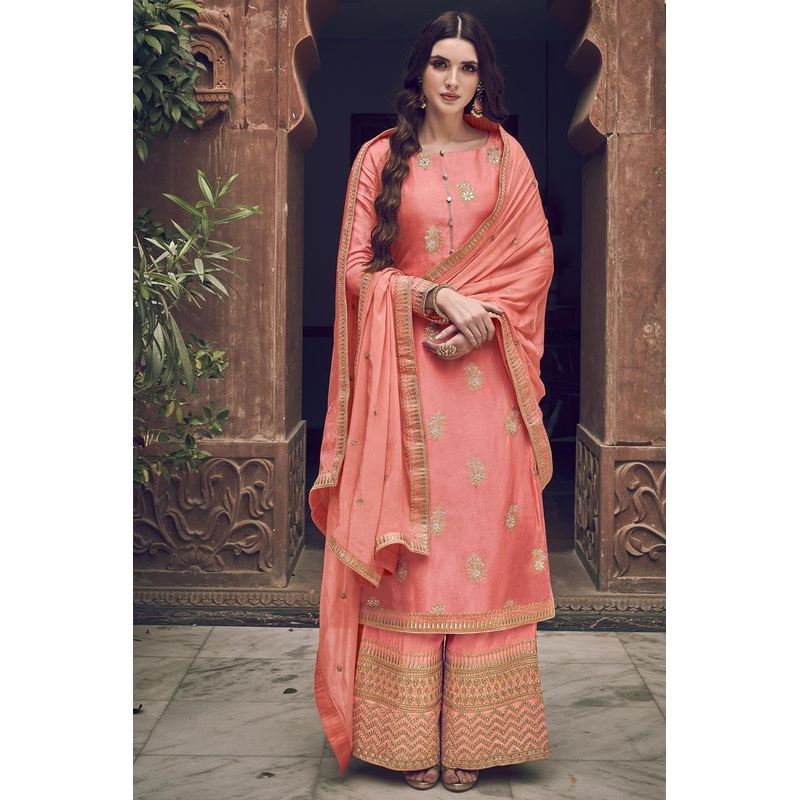 Elegant Peach Jacquard Embroidered Palazzo Style Suit