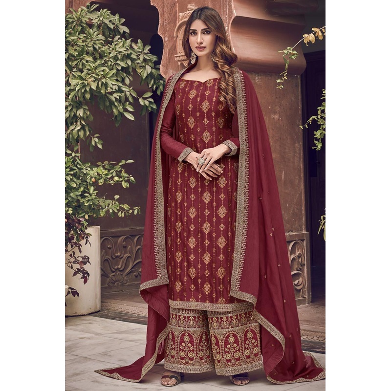 Elegant Red Jacquard Embroidered Palazzo Style Suit