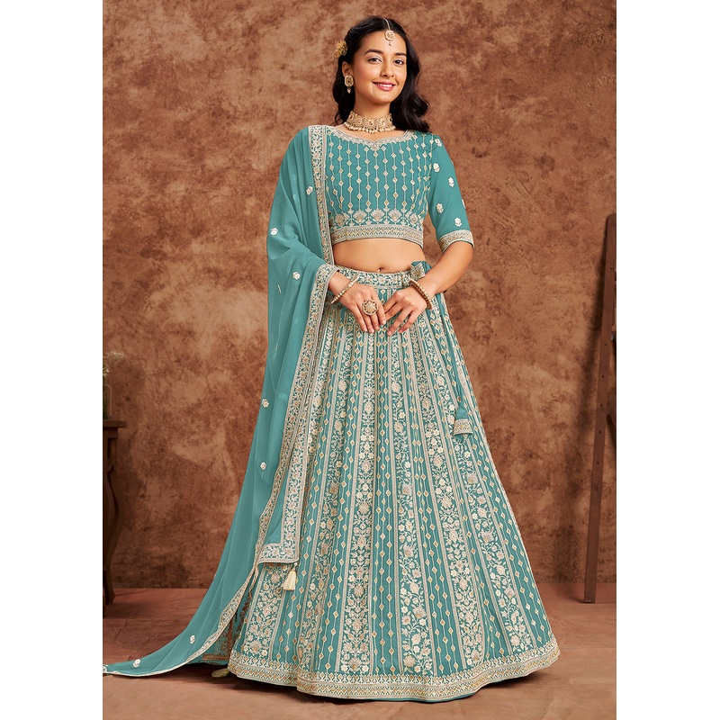 Faux Georgette Blue Color Embroidered Lehenga Choli