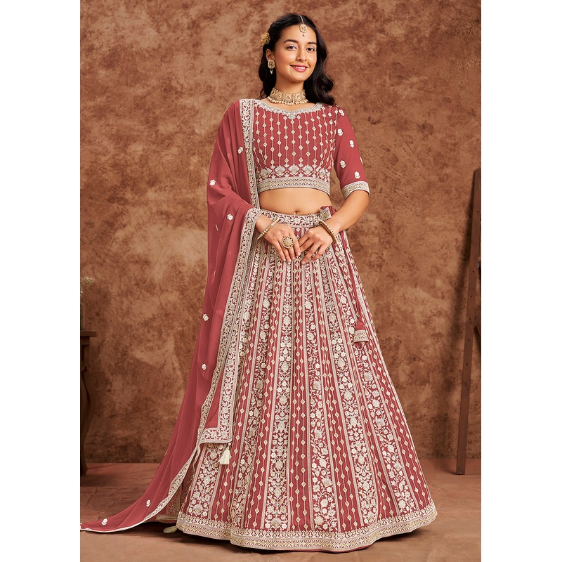 Faux Georgette Peach Color Embroidered Lehenga Choli