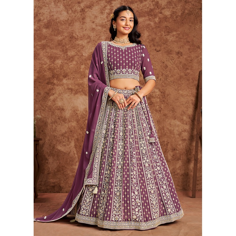 Faux Georgette Purple Color Embroidered Lehenga Choli