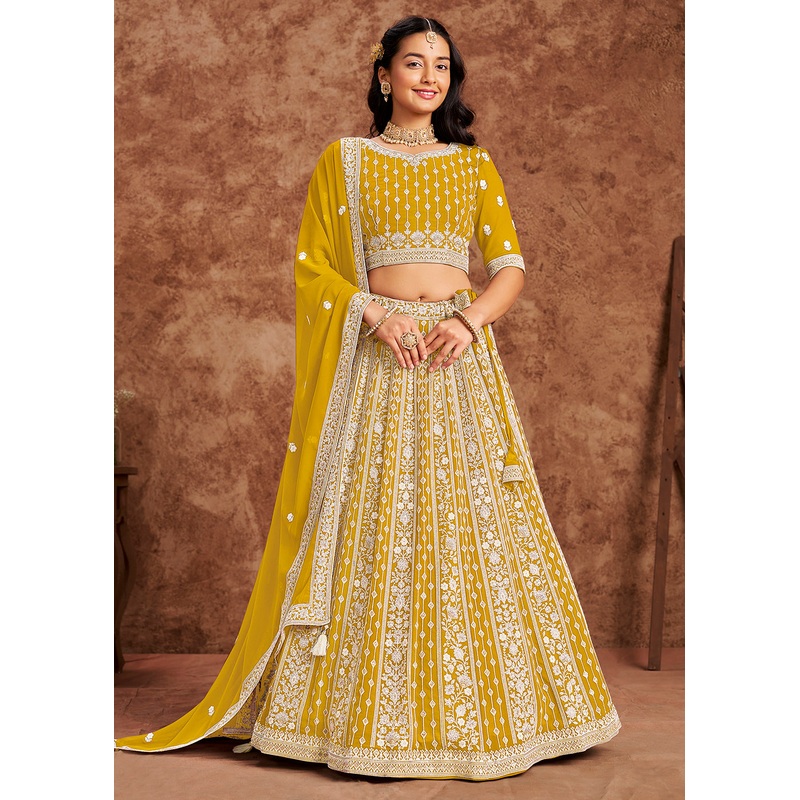 Faux Georgette Yellow Color Embroidered Lehenga Choli