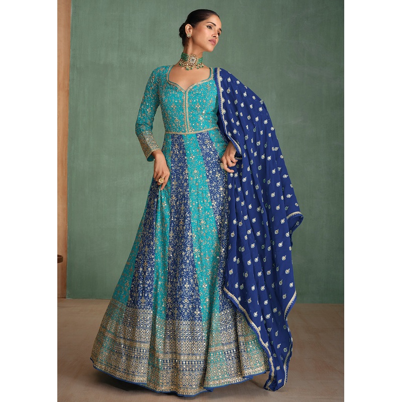 Firozi Multi Embroidered Wedding Festive Anarkali Gown