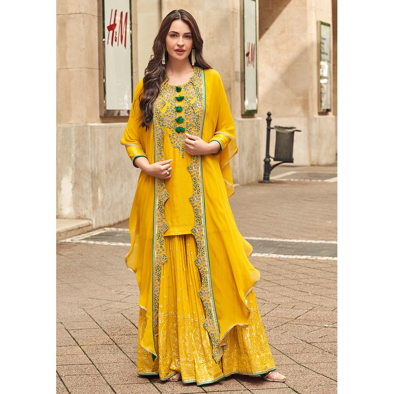 Golden Yellow Embroidered Festive Gharara Style Suit