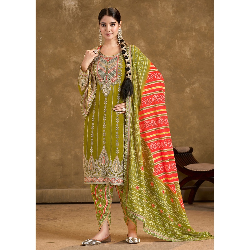 Green Chinnon Punjabi Style Dhoti Style Salwar Suit