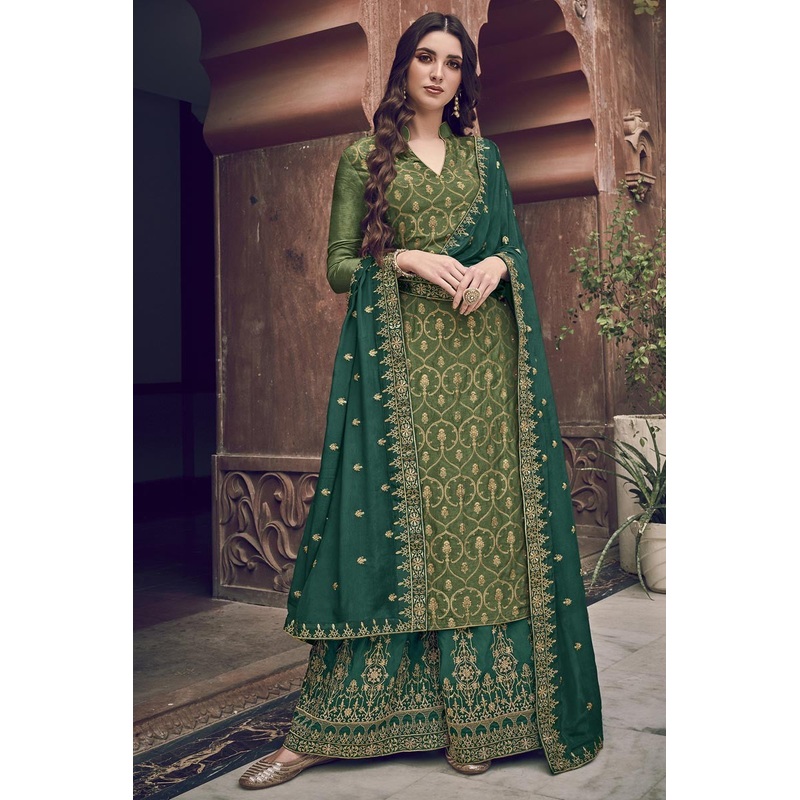 Green Color Jacquard Embroidered Palazzo Style Suit