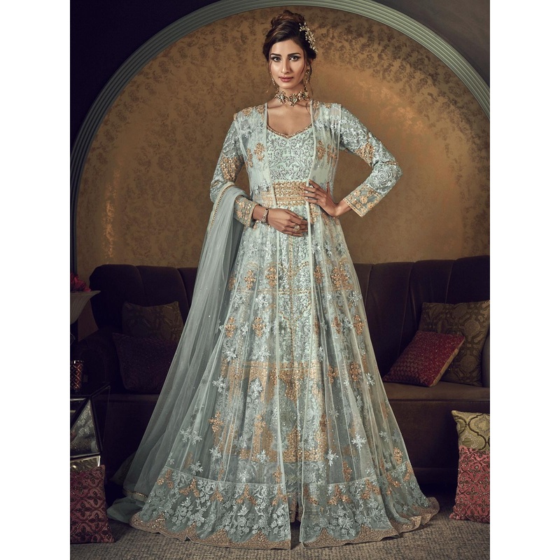 Green Cord Embroidered Jacket Style Anarkali Suit