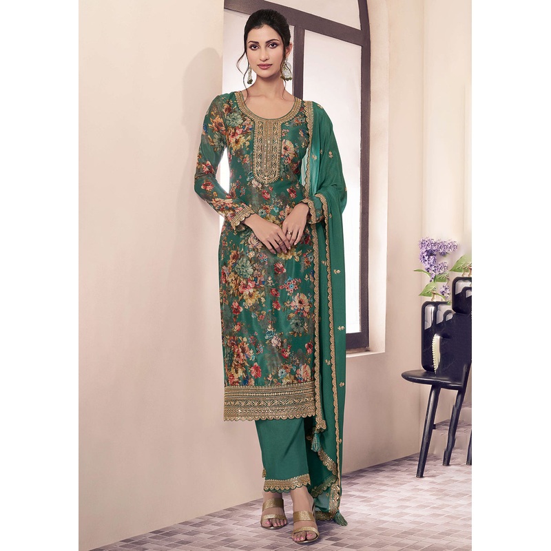 Green Digital Printed Chinnon Pakistani Style Suit