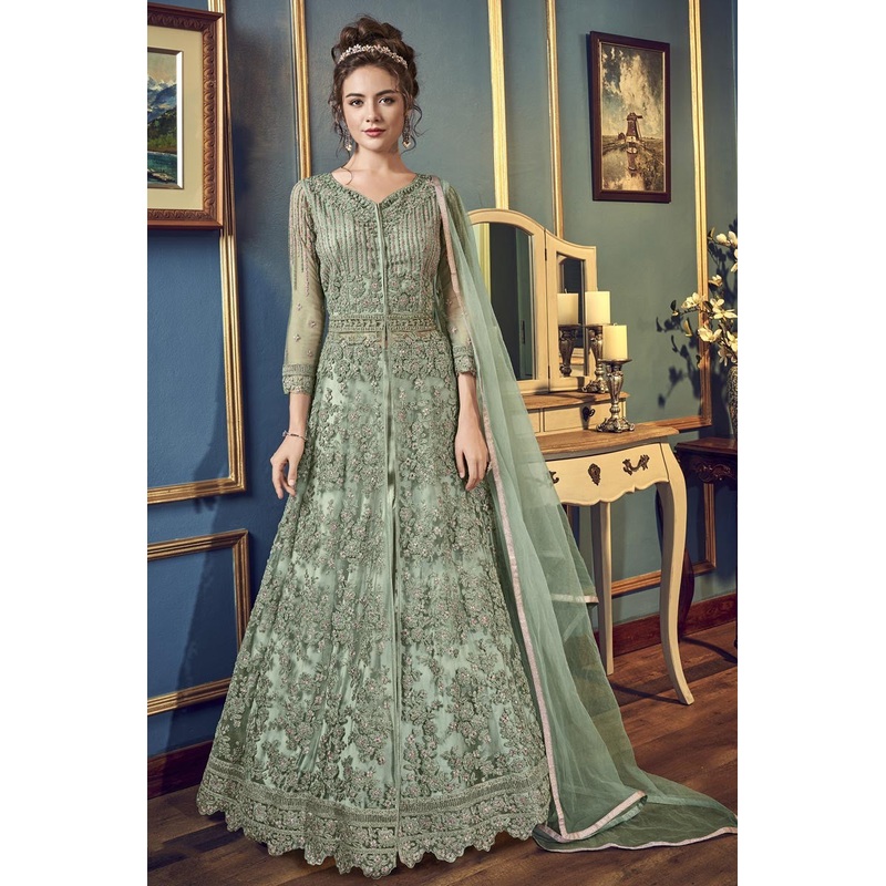 Green Floor Length Embroidered Lehenga Style Anarkali