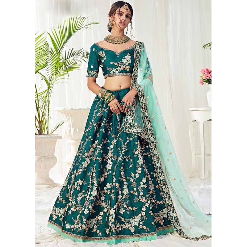 Green Floral Embroidered Art Silk Lehenga Choli