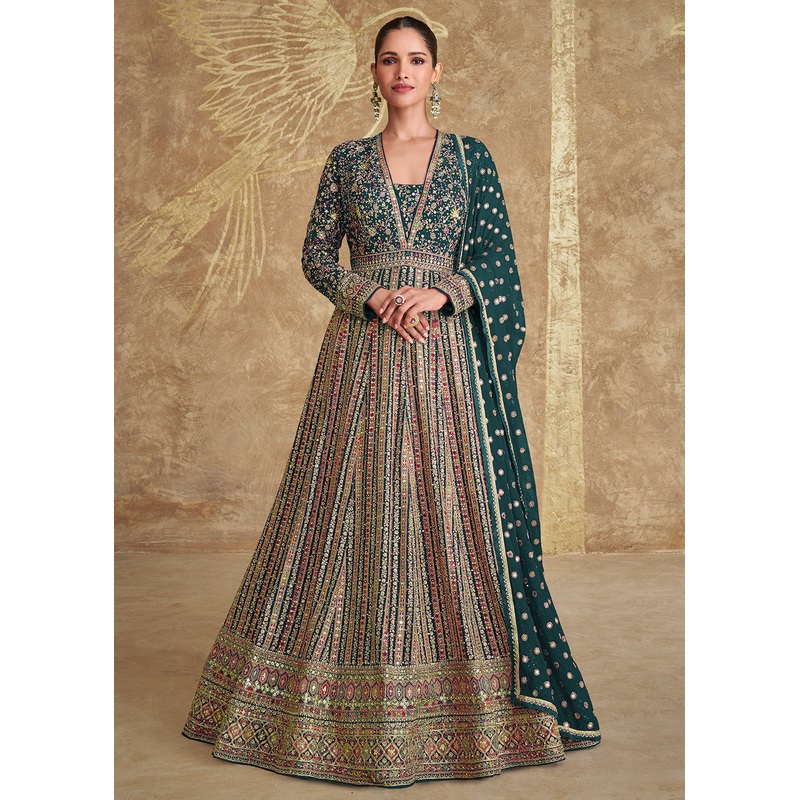 Green Heavy Embroidered Georgette Wedding Anarkali Gown
