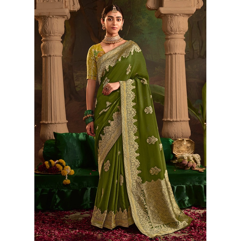 Green Pure Crepe Dola Silk Wedding Festive Saree