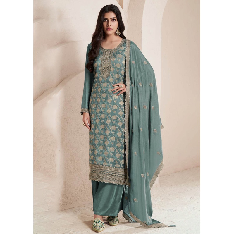 Green Silk Jacquard Embroidered Festive Salwar Suit