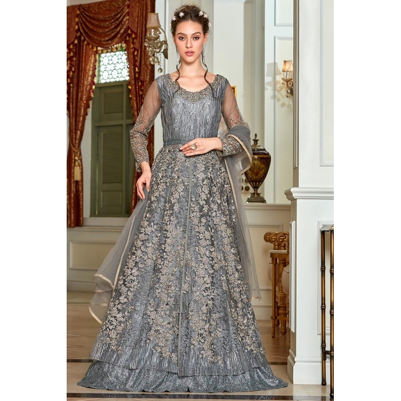 Grey Color Embroidered Lehenga & Pant Style Anarkali Suit