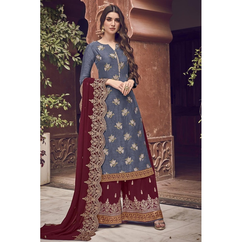 Grey Color Jacquard Embroidered Palazzo Style Suit