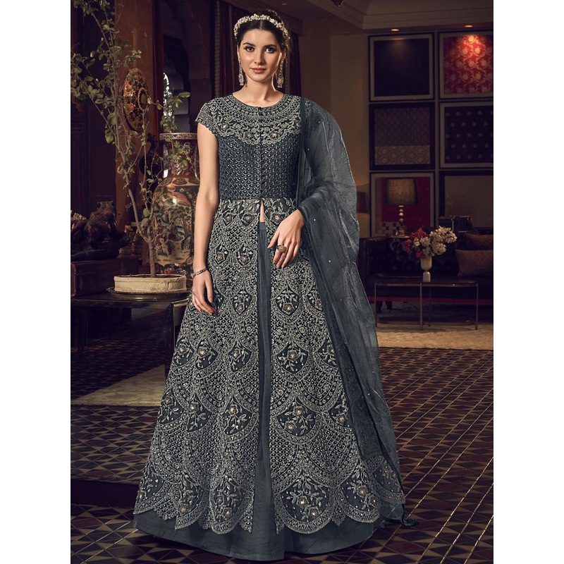 Grey Embroidered High Slit Anarkali Suit