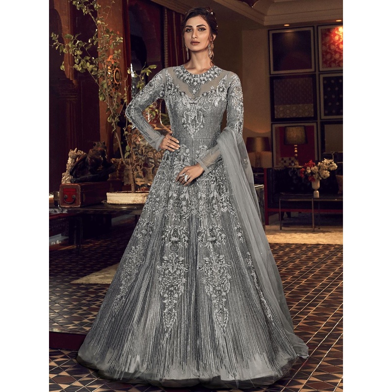 Grey Embroidered Traditional Style Anarkali Suit
