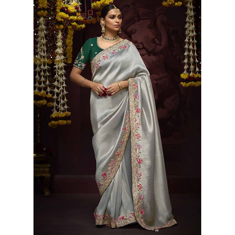 Grey Kanjivaram Silk Embroidered Designer Saree