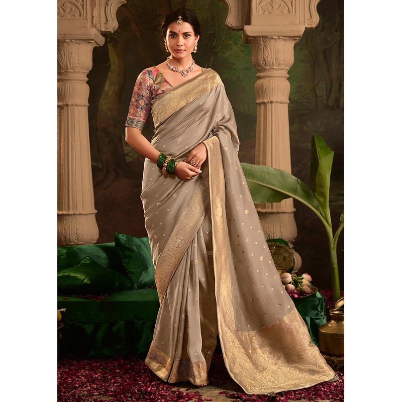 Grey Pure Crepe Dola Silk Wedding Festive Saree