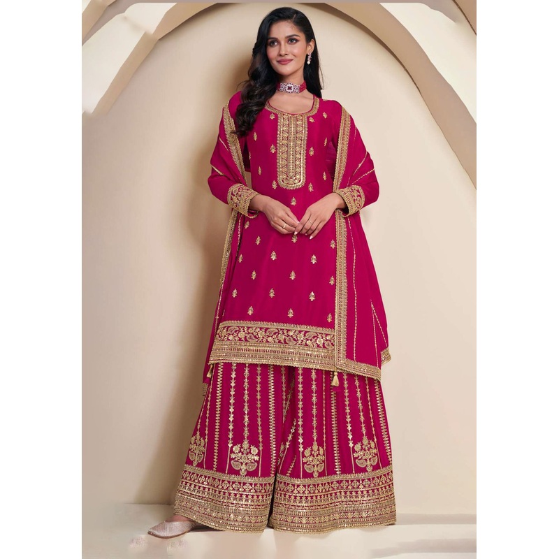 Hot Pink Embroidered Chinnon Sharara Style Suit