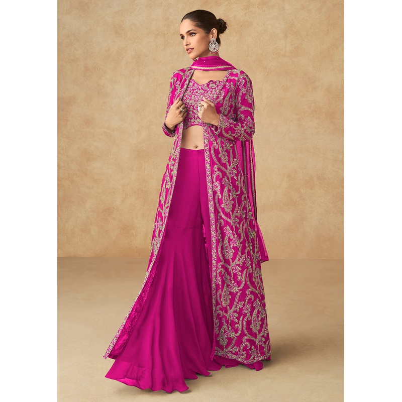 Hot Pink Embroidered Jacket Style Palazzo Suit