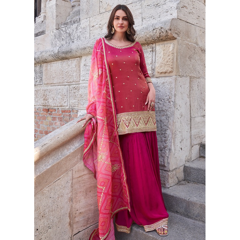 Hot Pink Festive Style Chinnon Gharara Style Suit