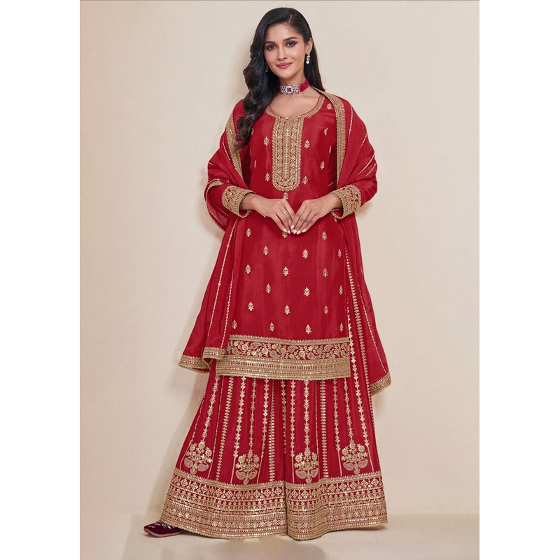 Hot Red Embroidered Chinnon Sharara Style Suit