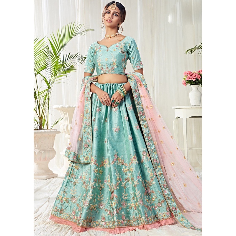 Ice Blue Frilled Embroidered Art Silk Lehenga Choli