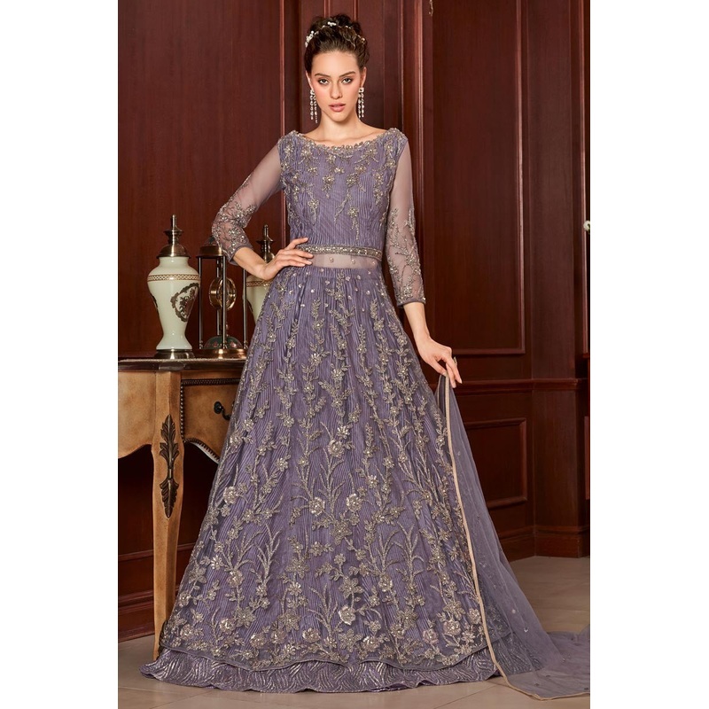 Lavender Color Net Abaya Style Embroidered Anarkali Suit