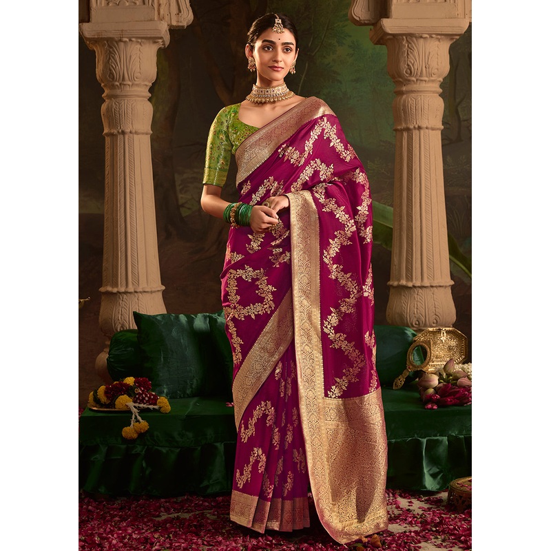 Magenta Pure Crepe Dola Silk Wedding Festive Saree
