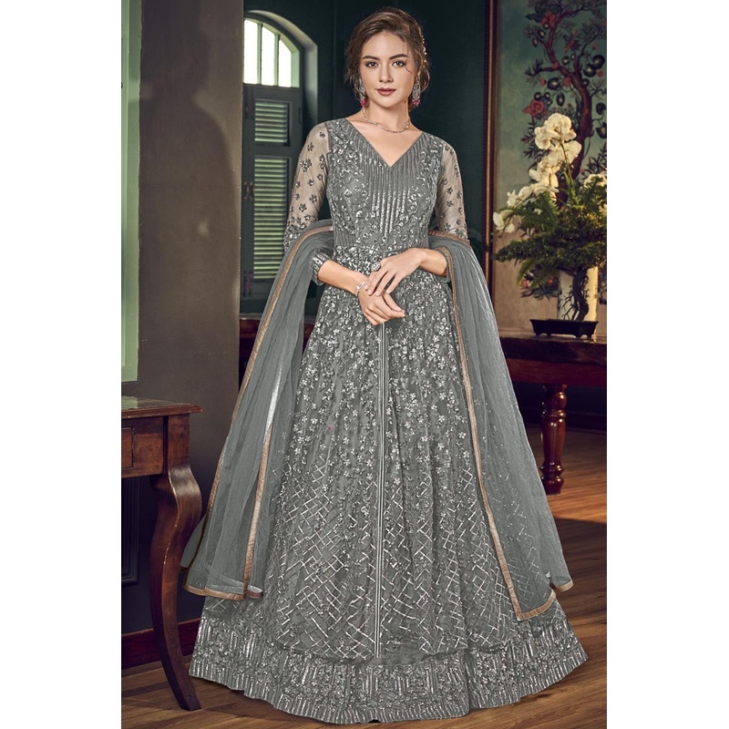 Majestic Grey Fancy Embroidered Anakarli Suit