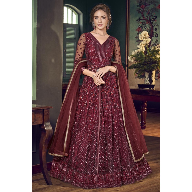 Majestic Maroon Fancy Embroidered Anakarli Suit