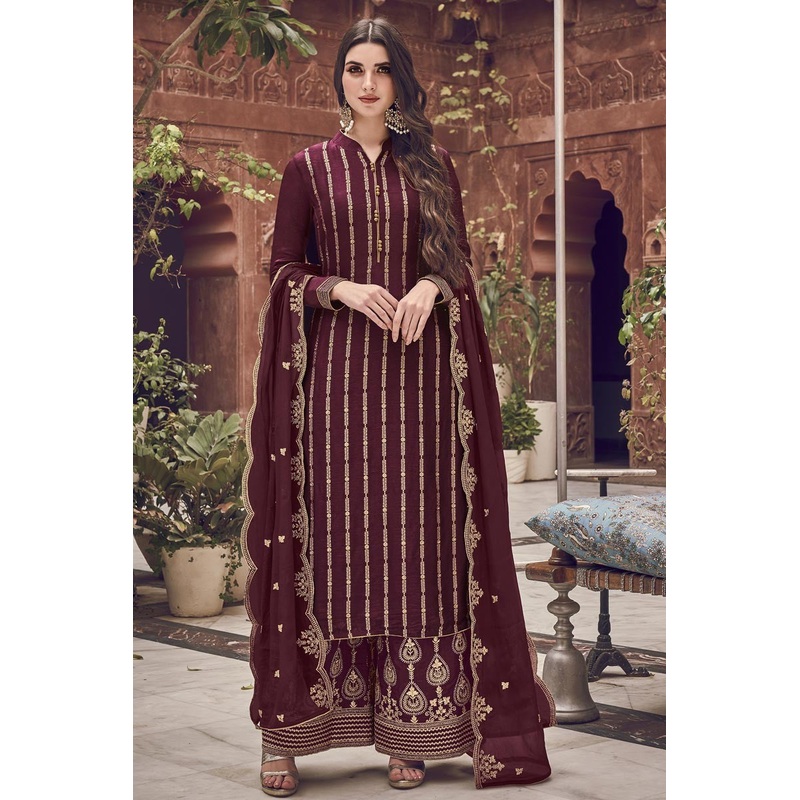 Maroon Color Jacquard Embroidered Palazzo Style Suit